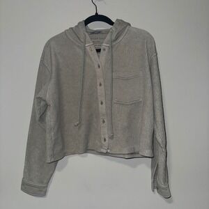 American Eagle Green Ribbed Hooded Button Down Shacket Cropped Size XS